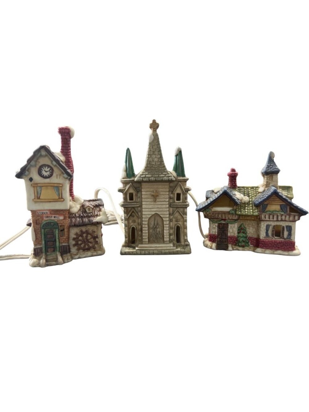 Beachwood Ltd Christmas Village Lighted Church Grist Mill Cottage Set of 3 VTG